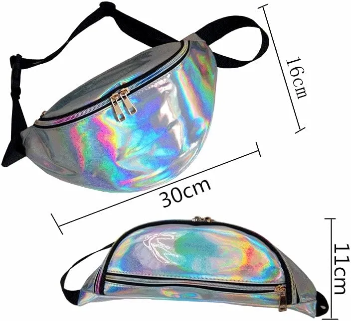 Stylish Women Iridescent Hologram Fanny Pack Shiny Metallic Waist Bag Punk Girl For Women Festival Party Travel Rave Hiking Outdoor Activities (Blue)