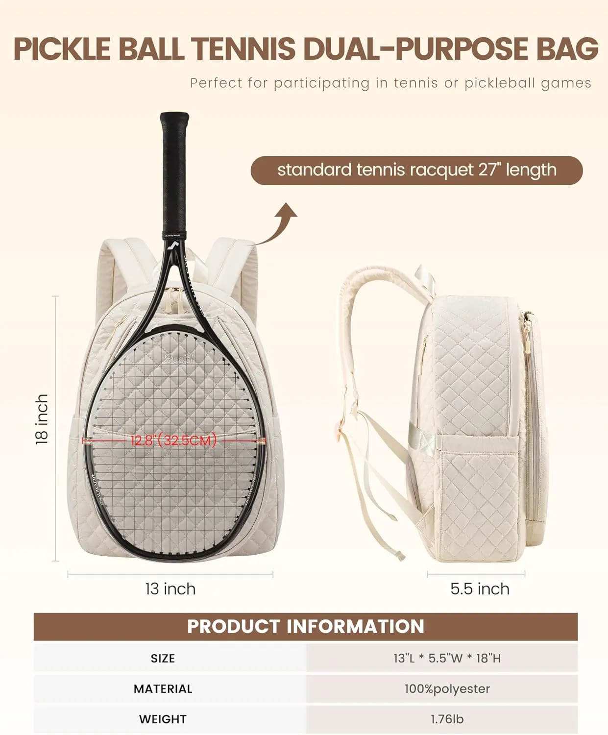 Sucipi Tennis Bags for Women, Quilted Tennis Racket Bag Backpack for Tennis Racquet, Pickleball Paddles, Badminton