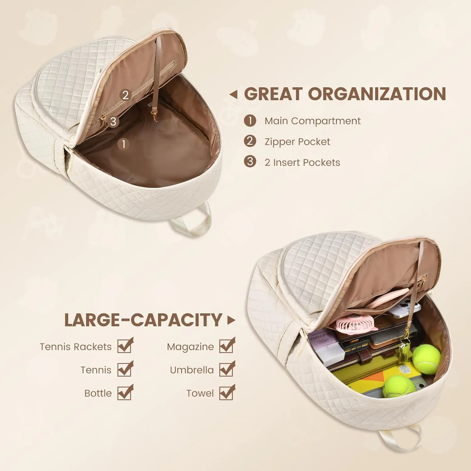 Sucipi Tennis Bags for Women, Quilted Tennis Racket Bag Backpack for Tennis Racquet, Pickleball Paddles, Badminton