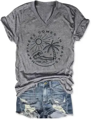 Summer Beach Shirts for Women Ocean Waves Vacation Tops Graphic Tee V Neck