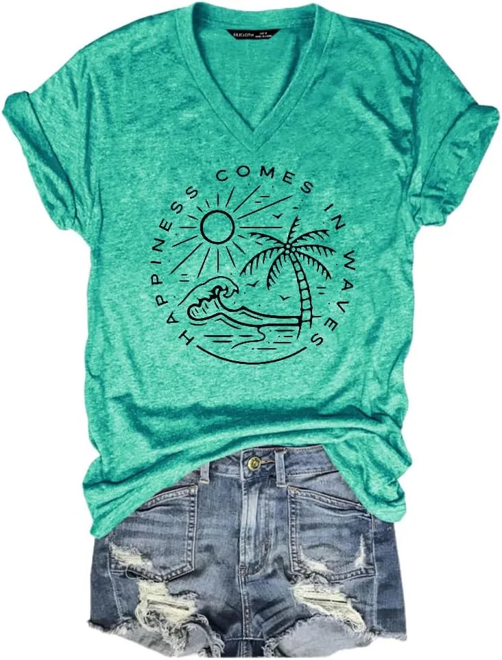 Summer Beach Shirts for Women Ocean Waves Vacation Tops Graphic Tee V Neck