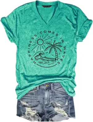 Summer Beach Shirts for Women Ocean Waves Vacation Tops Graphic Tee V Neck