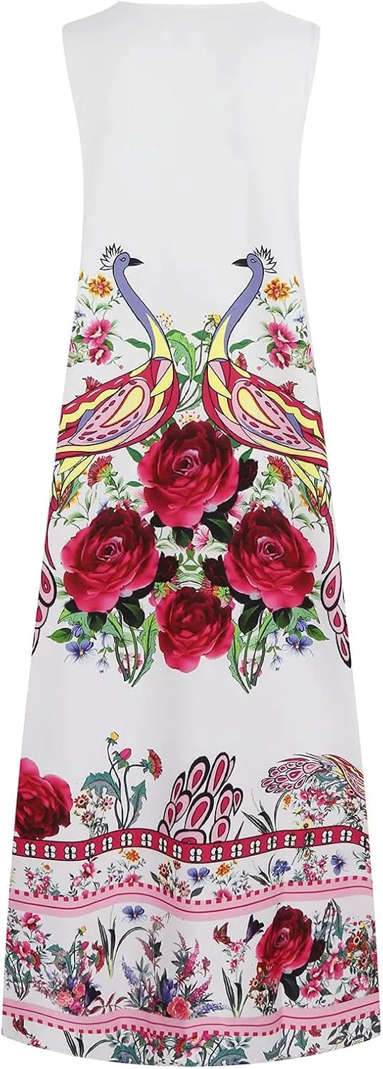 Summer Dresses for Women 2024 Sleeveless Flower Graphic Print Sundress Loose Casual Vintage Maxi Dress