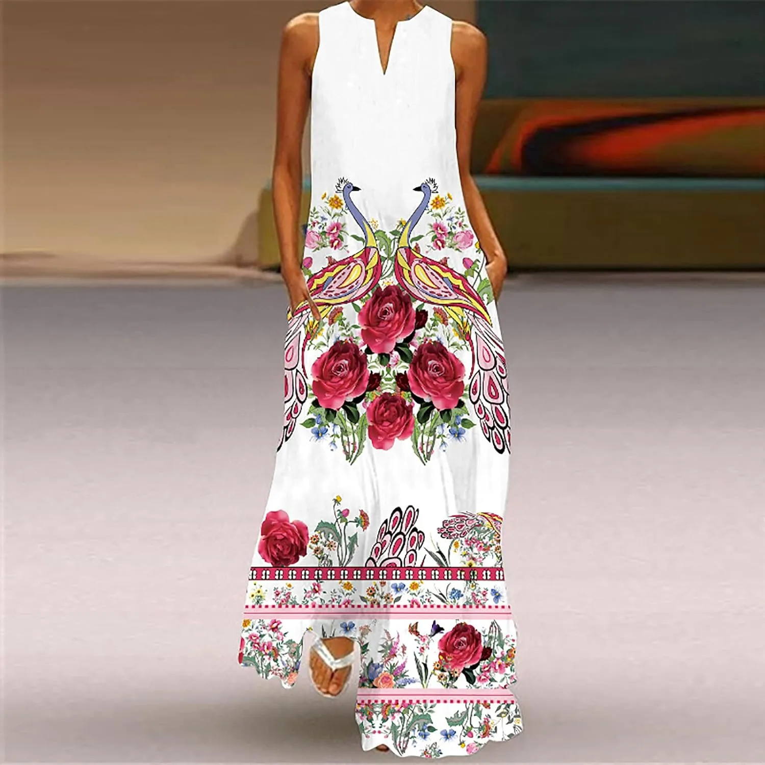 Summer Dresses for Women 2024 Sleeveless Flower Graphic Print Sundress Loose Casual Vintage Maxi Dress