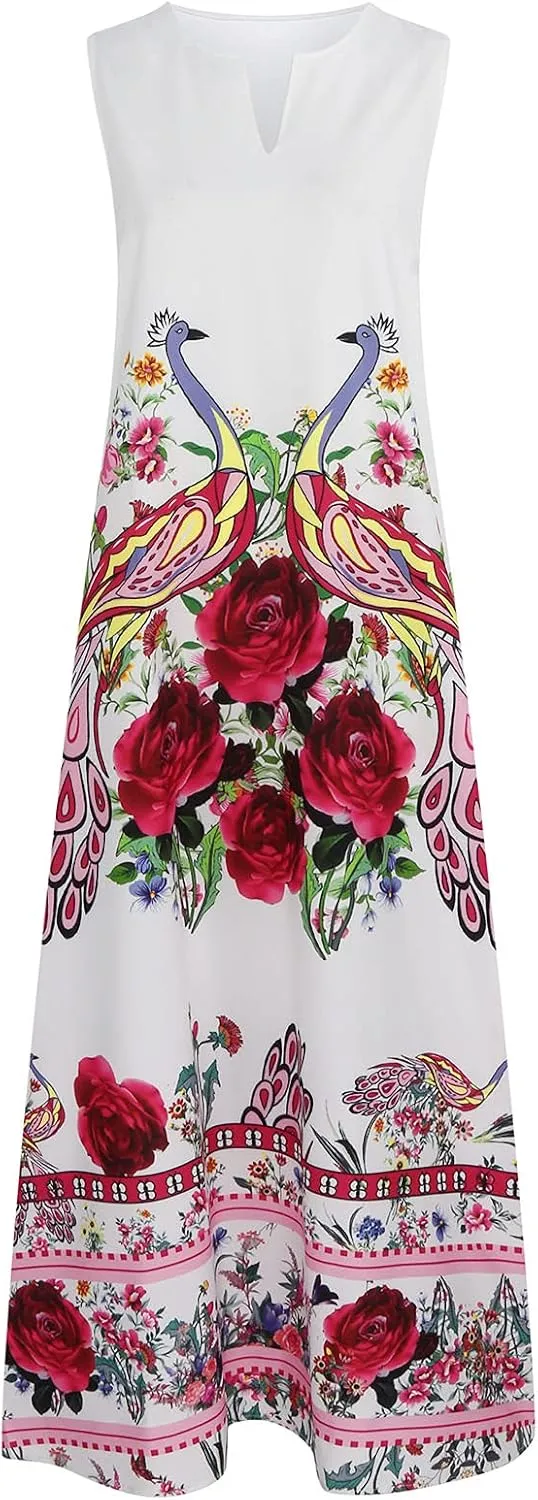 Summer Dresses for Women 2024 Sleeveless Flower Graphic Print Sundress Loose Casual Vintage Maxi Dress