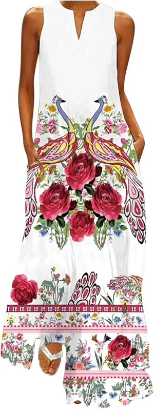 Summer Dresses for Women 2024 Sleeveless Flower Graphic Print Sundress Loose Casual Vintage Maxi Dress