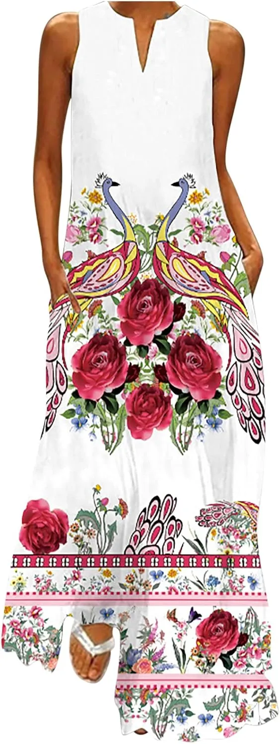 Summer Dresses for Women 2024 Sleeveless Flower Graphic Print Sundress Loose Casual Vintage Maxi Dress