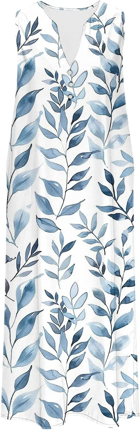 Summer Dresses for Women 2025 Floral Print V Neck Maxi Dress Sleeveless Boho Beach Vacation Sundress Resort Wear