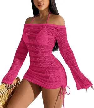 Summer Women's Sexy Mesh Hollow Out Off Shoulder Bathing Suit Coverups Long Bell Sleeve Ruched Drawstring Swimsuit