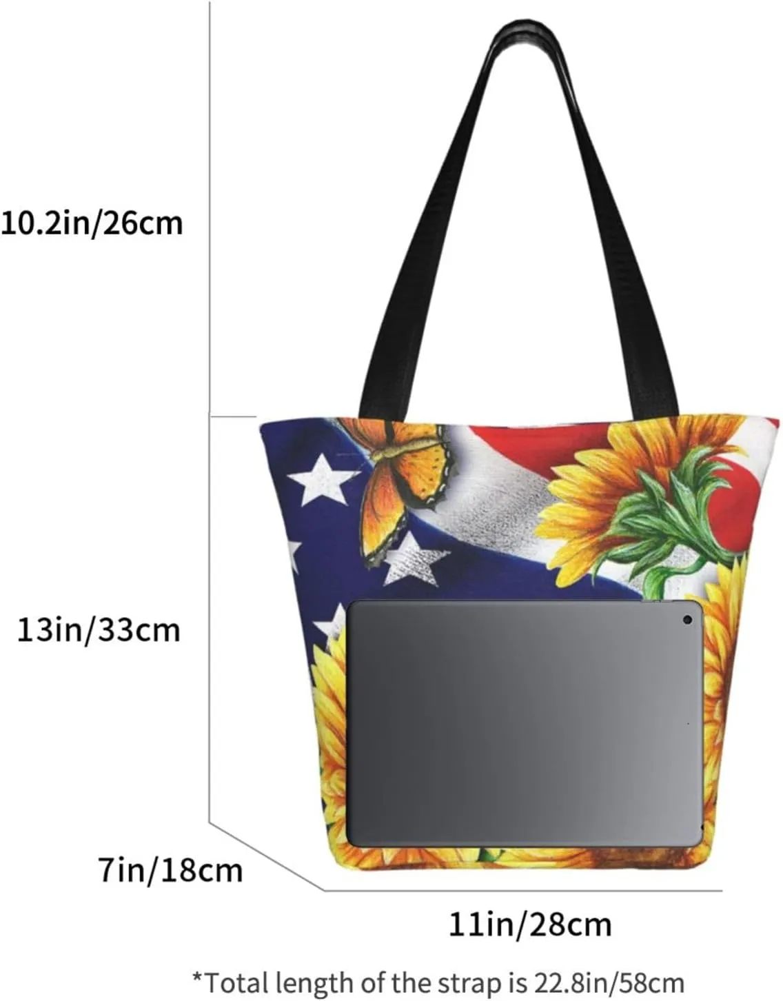 Sunflower American Flag Tote Bag For Women Lightweight Shoulder Bags Shopping Handbags With Zipper
