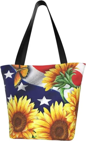 Sunflower American Flag Tote Bag For Women Lightweight Shoulder Bags Shopping Handbags With Zipper
