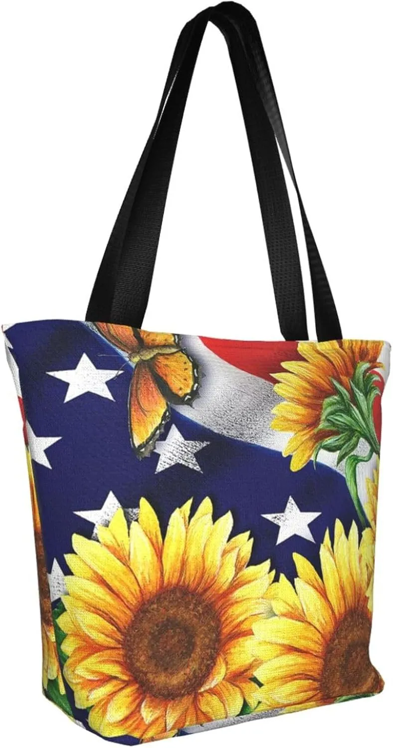 Sunflower American Flag Tote Bag For Women Lightweight Shoulder Bags Shopping Handbags With Zipper