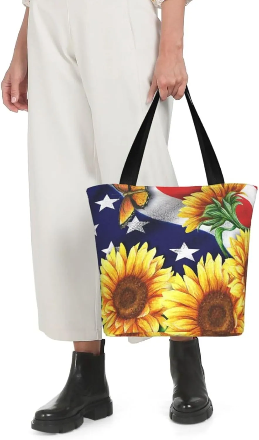 Sunflower American Flag Tote Bag For Women Lightweight Shoulder Bags Shopping Handbags With Zipper