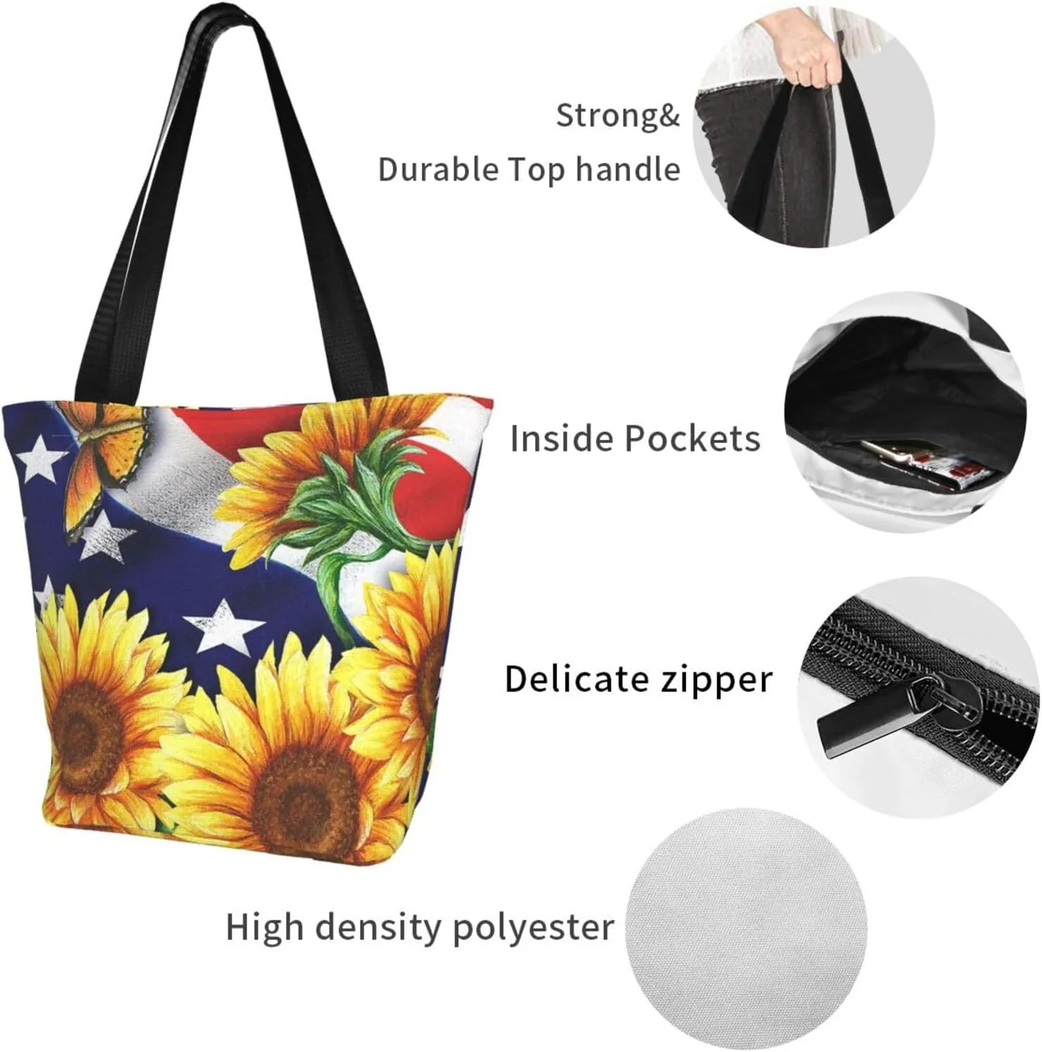 Sunflower American Flag Tote Bag For Women Lightweight Shoulder Bags Shopping Handbags With Zipper