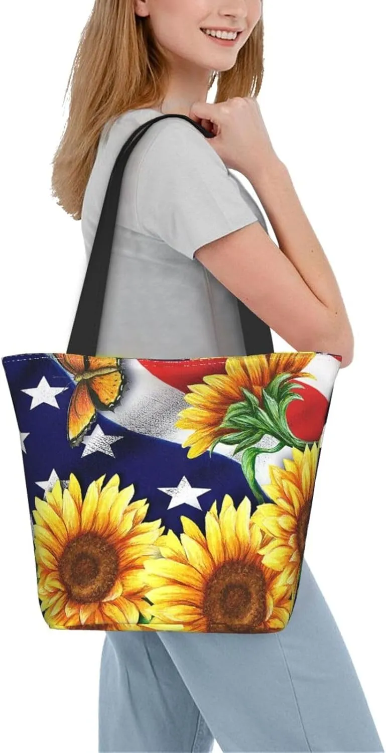 Sunflower American Flag Tote Bag For Women Lightweight Shoulder Bags Shopping Handbags With Zipper