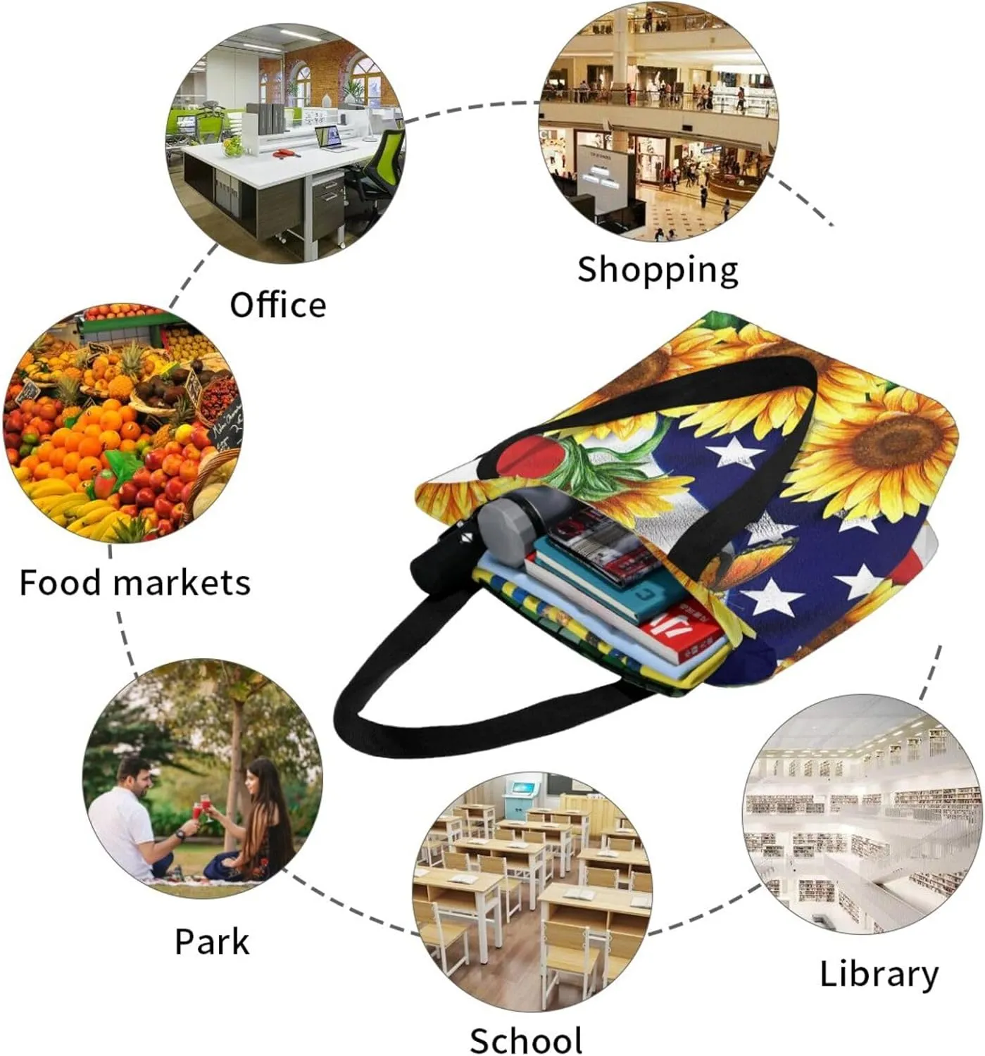 Sunflower American Flag Tote Bag For Women Lightweight Shoulder Bags Shopping Handbags With Zipper