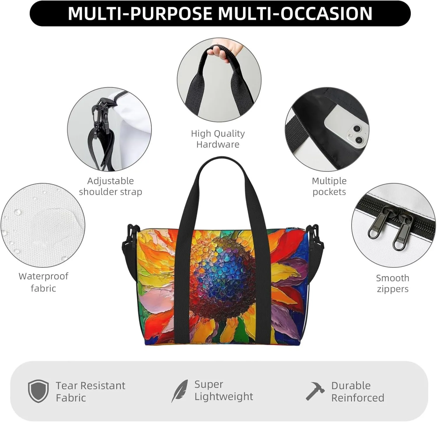 sunflower art print Travel Duffel Bag, Sports Tote Gym Bag, Swim Pool Bag Large Shoulder Tote Bag for Beach Weekender