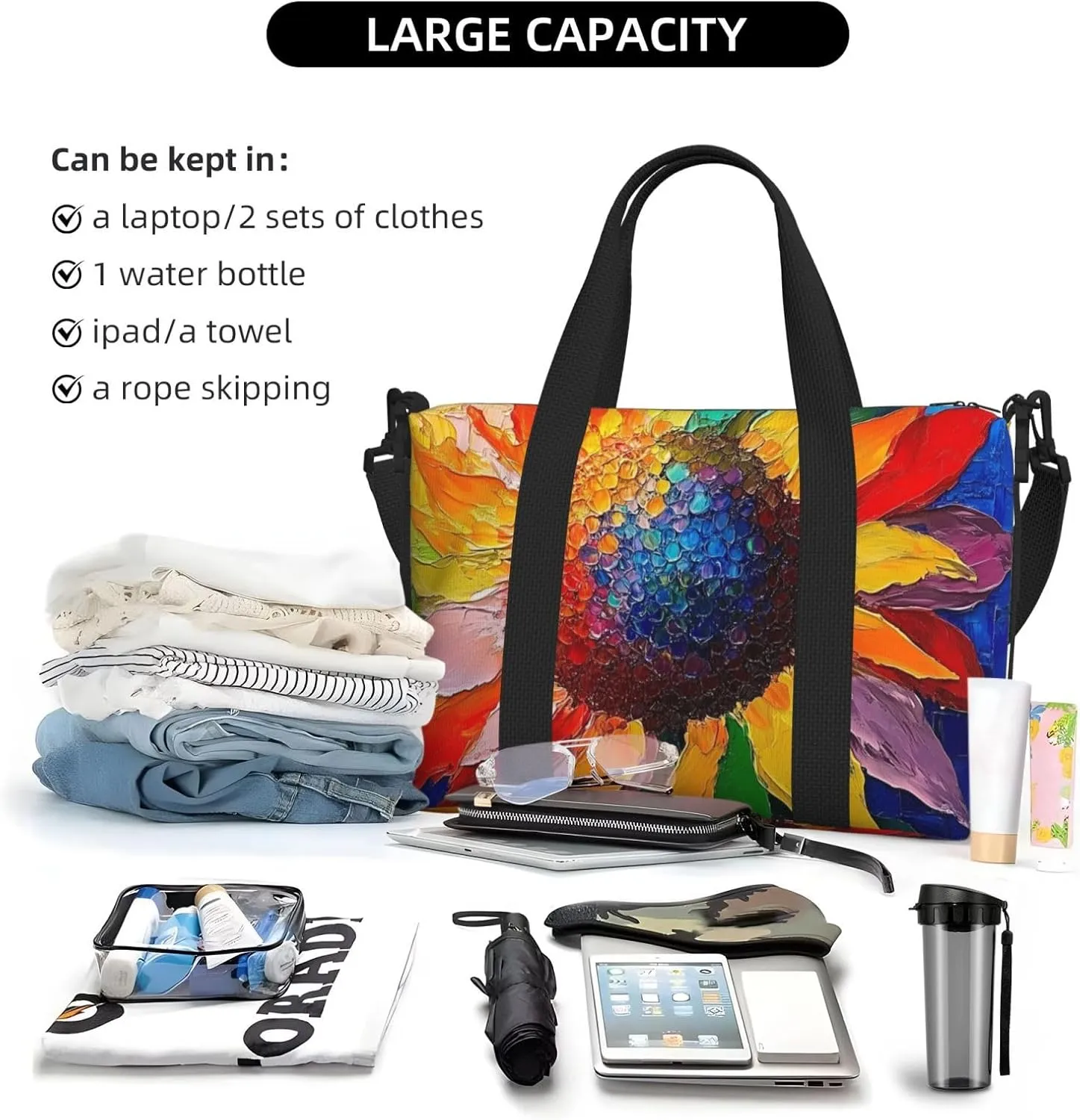 sunflower art print Travel Duffel Bag, Sports Tote Gym Bag, Swim Pool Bag Large Shoulder Tote Bag for Beach Weekender