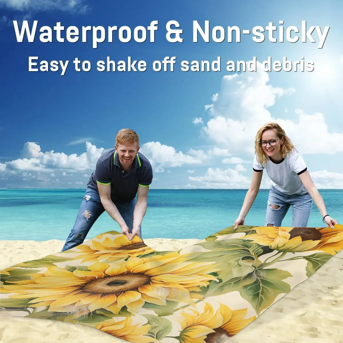 Sunflower Beach Blanket, Sandproof Beach Mat, 68 x 59 Waterproof Quick Drying Sand Free Mat with 4 x Ground Spikes for Outdoor Travel Camping Hiking, Sunflower Design
