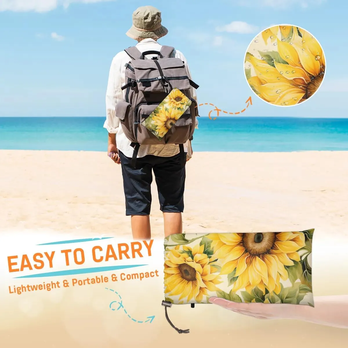 Sunflower Beach Blanket, Sandproof Beach Mat, 68 x 59 Waterproof Quick Drying Sand Free Mat with 4 x Ground Spikes for Outdoor Travel Camping Hiking, Sunflower Design