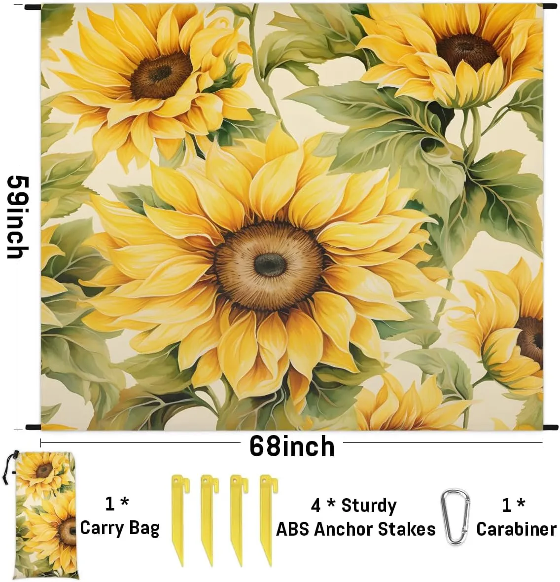 Sunflower Beach Blanket, Sandproof Beach Mat, 68 x 59 Waterproof Quick Drying Sand Free Mat with 4 x Ground Spikes for Outdoor Travel Camping Hiking, Sunflower Design