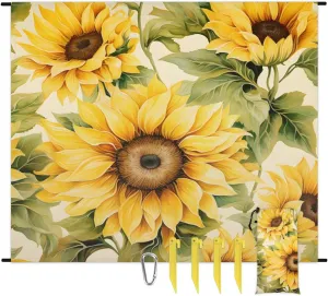 Sunflower Beach Blanket, Sandproof Beach Mat, 68 x 59 Waterproof Quick Drying Sand Free Mat with 4 x Ground Spikes for Outdoor Travel Camping Hiking, Sunflower Design