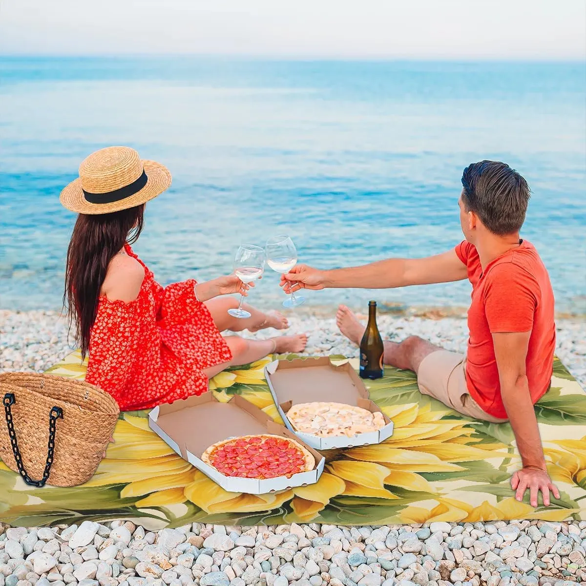 Sunflower Beach Blanket, Sandproof Beach Mat, 68 x 59 Waterproof Quick Drying Sand Free Mat with 4 x Ground Spikes for Outdoor Travel Camping Hiking, Sunflower Design