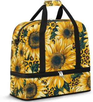 Sunflower Leopard Print Travel Duffel Bag for Women Men Weekender Overnight Bag with Shoe Compartment Foldable Sports Gym Luggage Bag