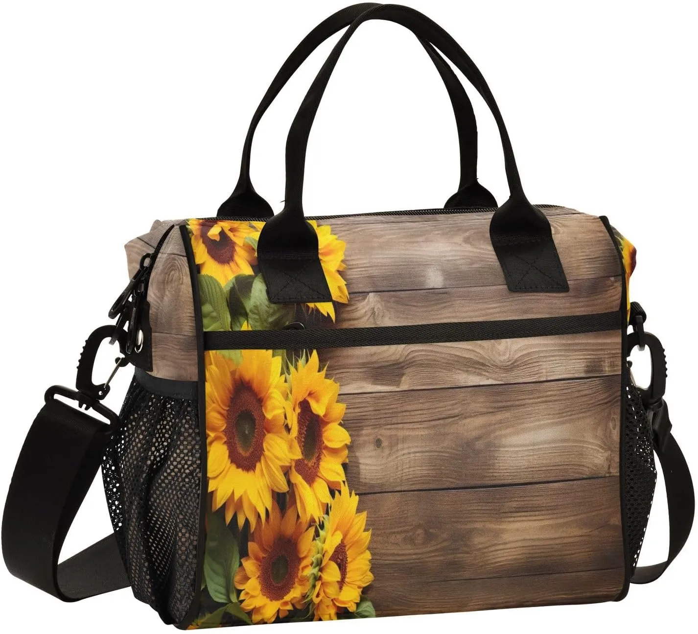 Sunflower Plank Lunch Bag for Women Insulated Large Lunch Box Reusable Lunch Box Container with Adjustable Shoulder Strap for Adults Hiking S