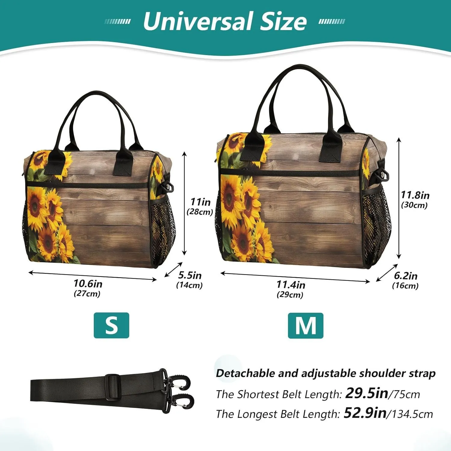 Sunflower Plank Lunch Bag for Women Insulated Large Lunch Box Reusable Lunch Box Container with Adjustable Shoulder Strap for Adults Hiking S