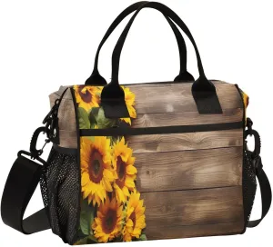 Sunflower Plank Lunch Bag for Women Insulated Large Lunch Box Reusable Lunch Box Container with Adjustable Shoulder Strap for Adults Hiking S