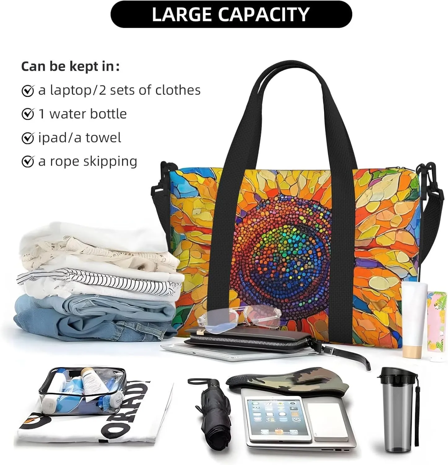 Sunflower print Travel Duffel Bag, Sports Tote Gym Bag, Swim Pool Bag Large Shoulder Tote Bag for Beach Weekender