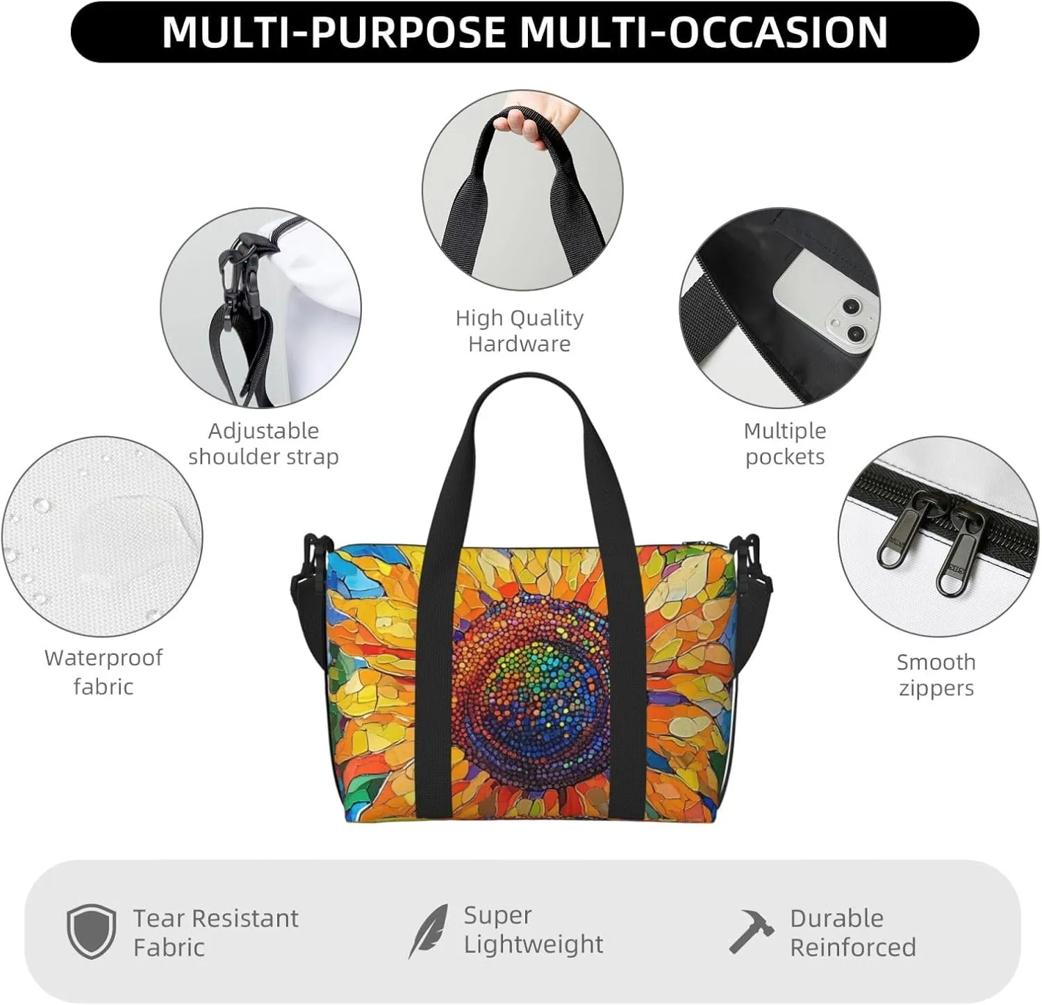 Sunflower print Travel Duffel Bag, Sports Tote Gym Bag, Swim Pool Bag Large Shoulder Tote Bag for Beach Weekender