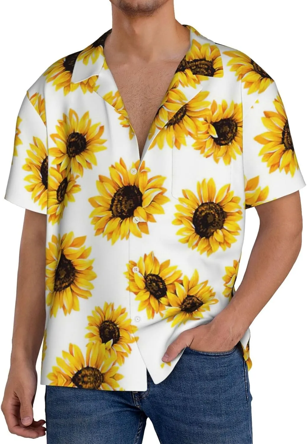 Sunflower Printing Men's Fashion Summer Short Sleeve Button Shirt with Pocket,S-4xl Cuban Shirt Hawaiian Shirt