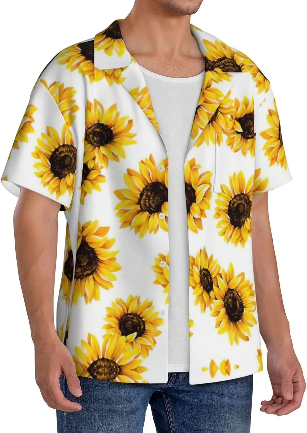 Sunflower Printing Men's Fashion Summer Short Sleeve Button Shirt with Pocket,S-4xl Cuban Shirt Hawaiian Shirt