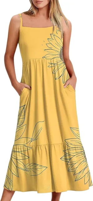 Sunflower Prints Sundress for Women Summer Casual Beach Cami Dress Spaghetti Strap Elastoc Waist Pencil Pocket Dresses