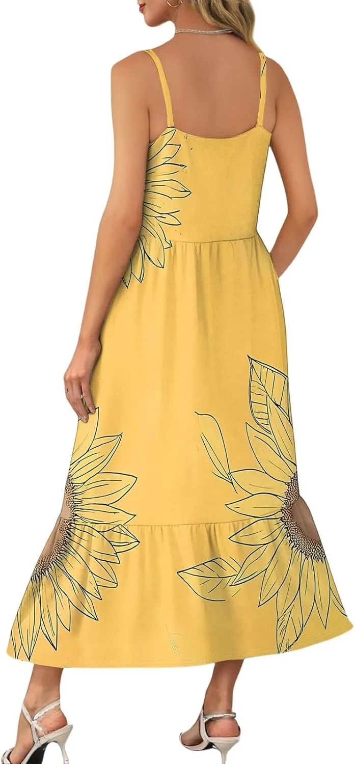 Sunflower Prints Sundress for Women Summer Casual Beach Cami Dress Spaghetti Strap Elastoc Waist Pencil Pocket Dresses