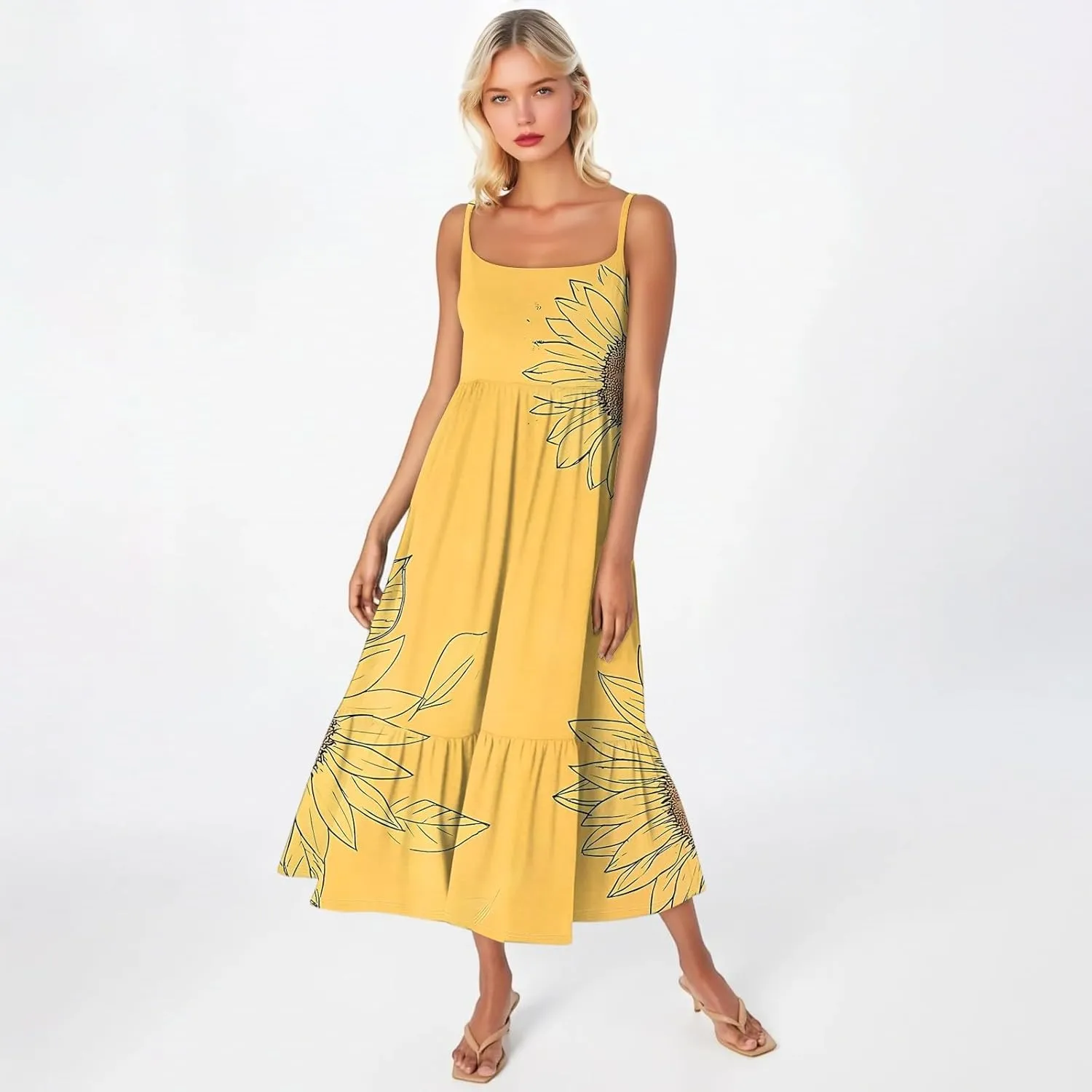 Sunflower Prints Sundress for Women Summer Casual Beach Cami Dress Spaghetti Strap Elastoc Waist Pencil Pocket Dresses