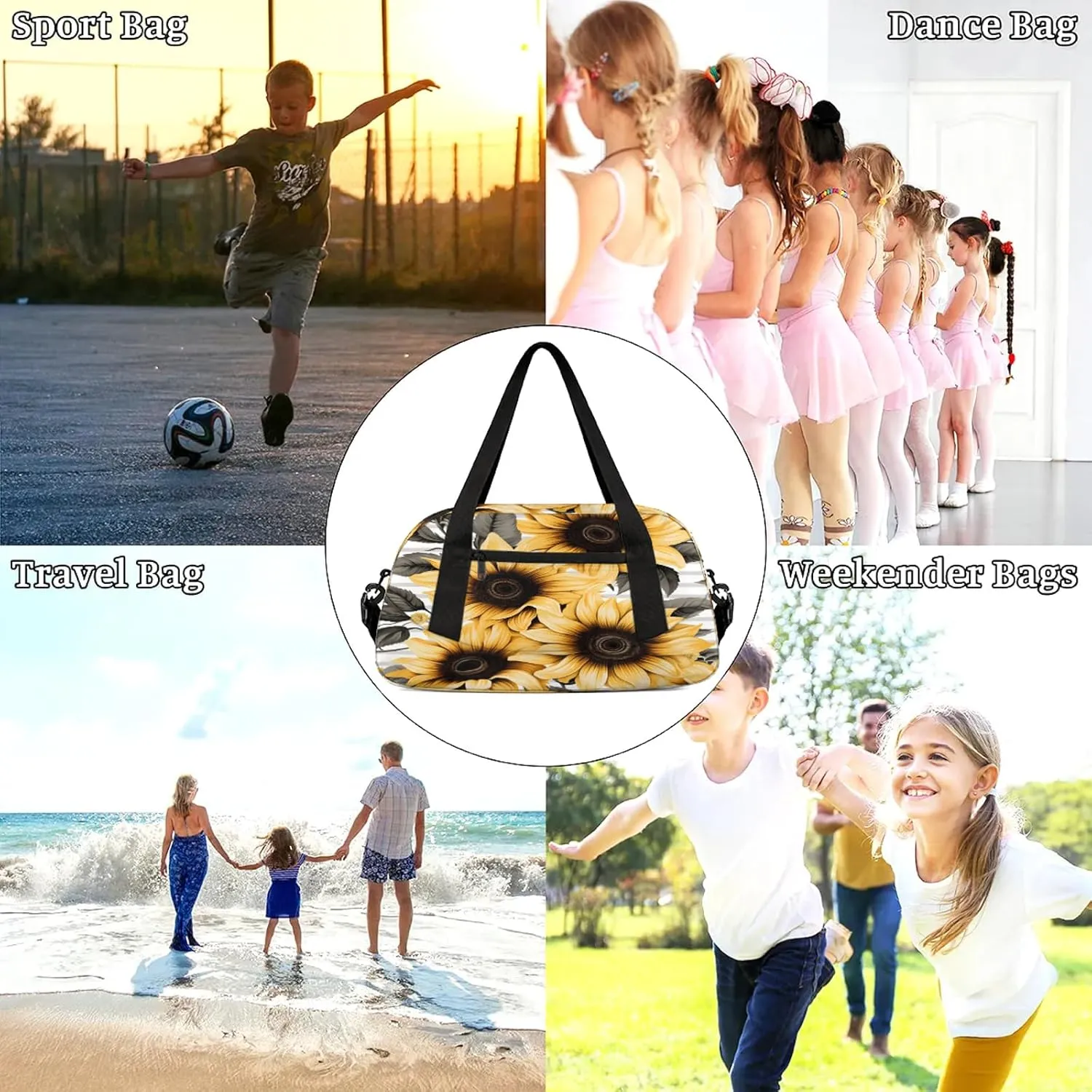 Sunflower Stripe Print Kids Duffel Bag Lightweight Waterproof Sports Gym Bag with Front Zipper Pocket Foldable Weekender Overnight Bag for School Practice Gymnastic Ballet