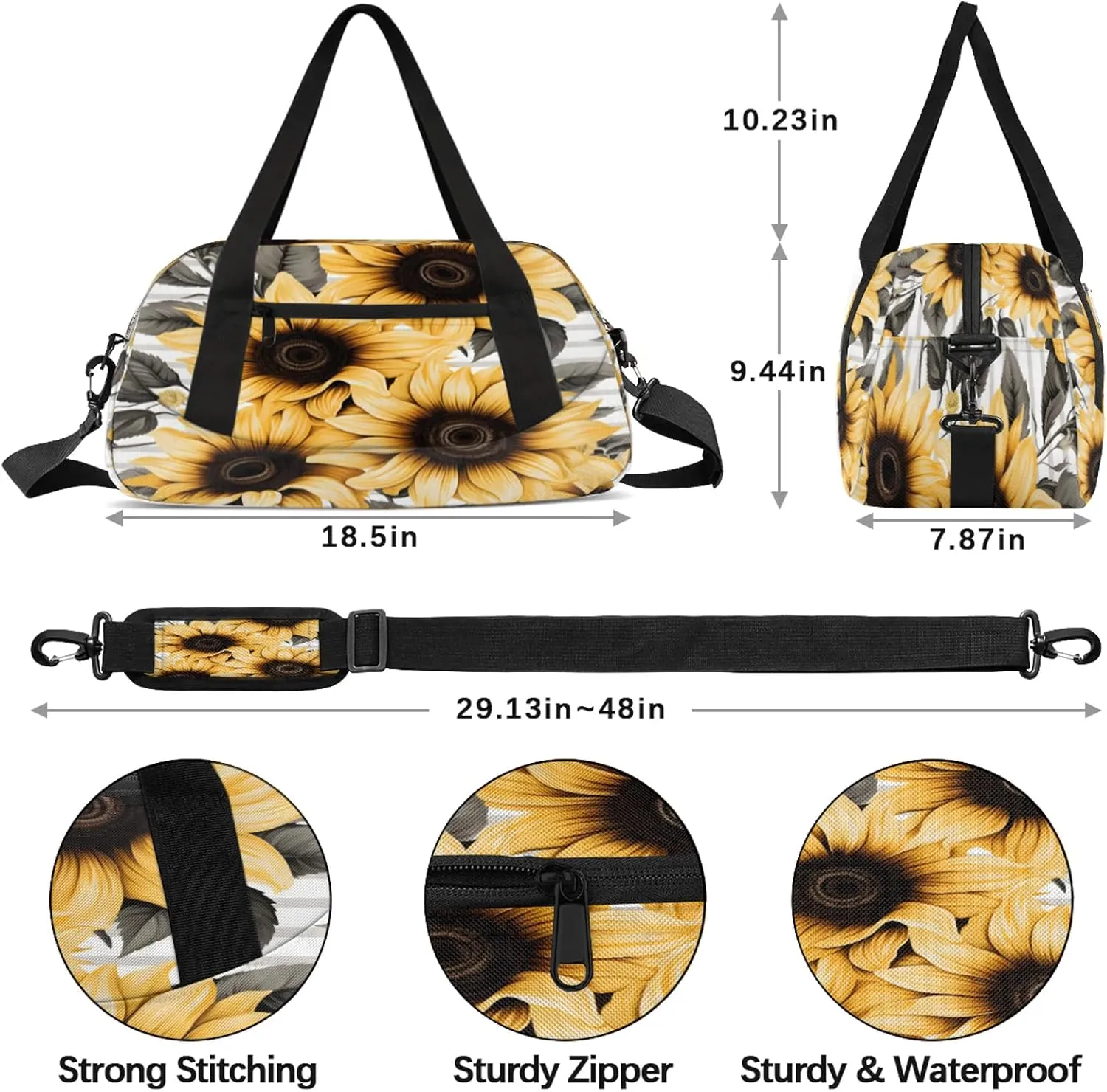 Sunflower Stripe Print Kids Duffel Bag Lightweight Waterproof Sports Gym Bag with Front Zipper Pocket Foldable Weekender Overnight Bag for School Practice Gymnastic Ballet
