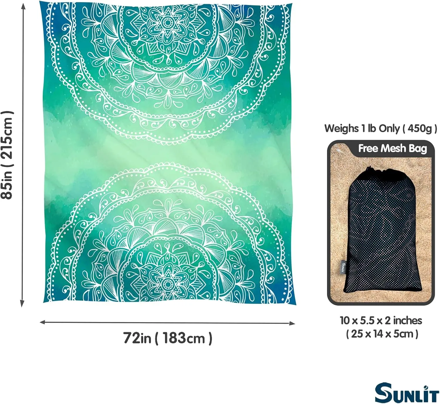 Sunlit Silky Soft Sand Proof Beach Blanket 106"x81" / 85"x72" Sand Proof Mat with Corner Pockets and Mesh Bag for Beach Party, Travel, Camping and Outdoor Music Festival, Mandala