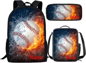 Suobstales Add Your Name On Baseball Flame School Backpack for Kids Boys Gifts Custom School Bag Set with Lunch Box Pencil Case,Cool Bookbag Teen Student Back Packs Satchel Travel Daypack Bagpack