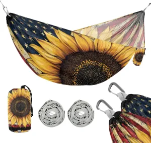 susiyo Portable Camping Hammock American Flag Sunflower Printed Lightweight Hammock Comfortable Travel Swing with Tree Straps for Camping Hiking Backpacking Travel or Beach - Up to 330lbs