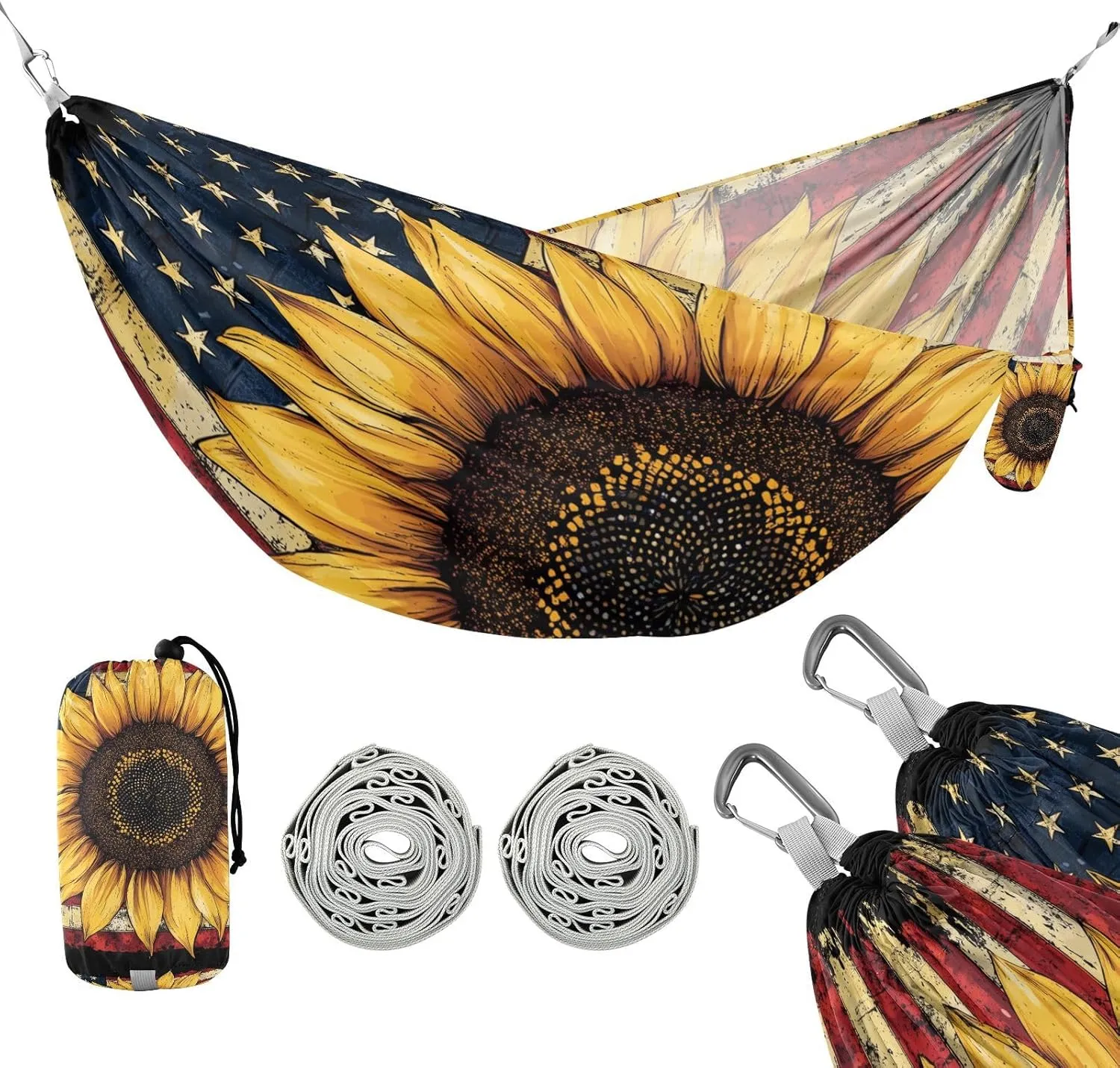 susiyo Portable Camping Hammock American Flag Sunflower Printed Lightweight Hammock Comfortable Travel Swing with Tree Straps for Camping Hiking Backpacking Travel or Beach - Up to 330lbs