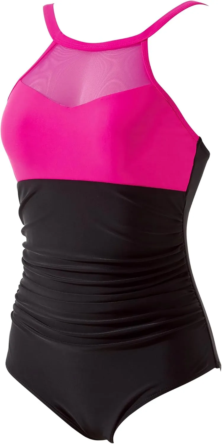 SUUKSESS Women Tummy Control One Piece Swimsuit Sexy Mesh High Neck Bathing Suit