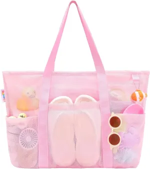 Tagitary Mesh Beach Bag with Zipper Large Beach Tote Waterproof Sandproof with 8 Pockets for Toys Pool Bag Beach Accessories