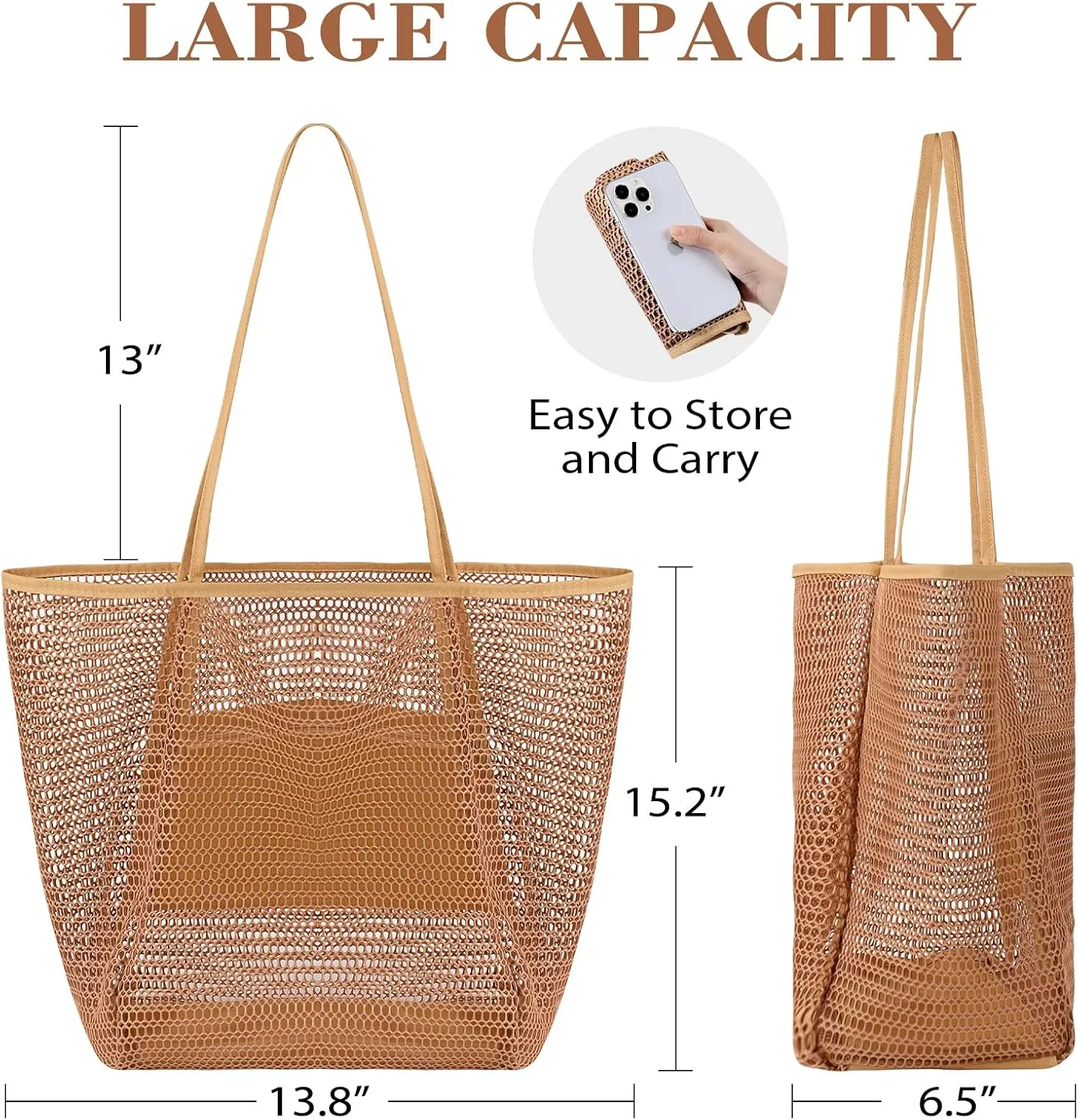 Tavaleu Mesh Beach Bag, Beach Bags for Women, Woven Straw Beach Tote Bag Waterproof with Inner Pocket, Packable Beach Bag