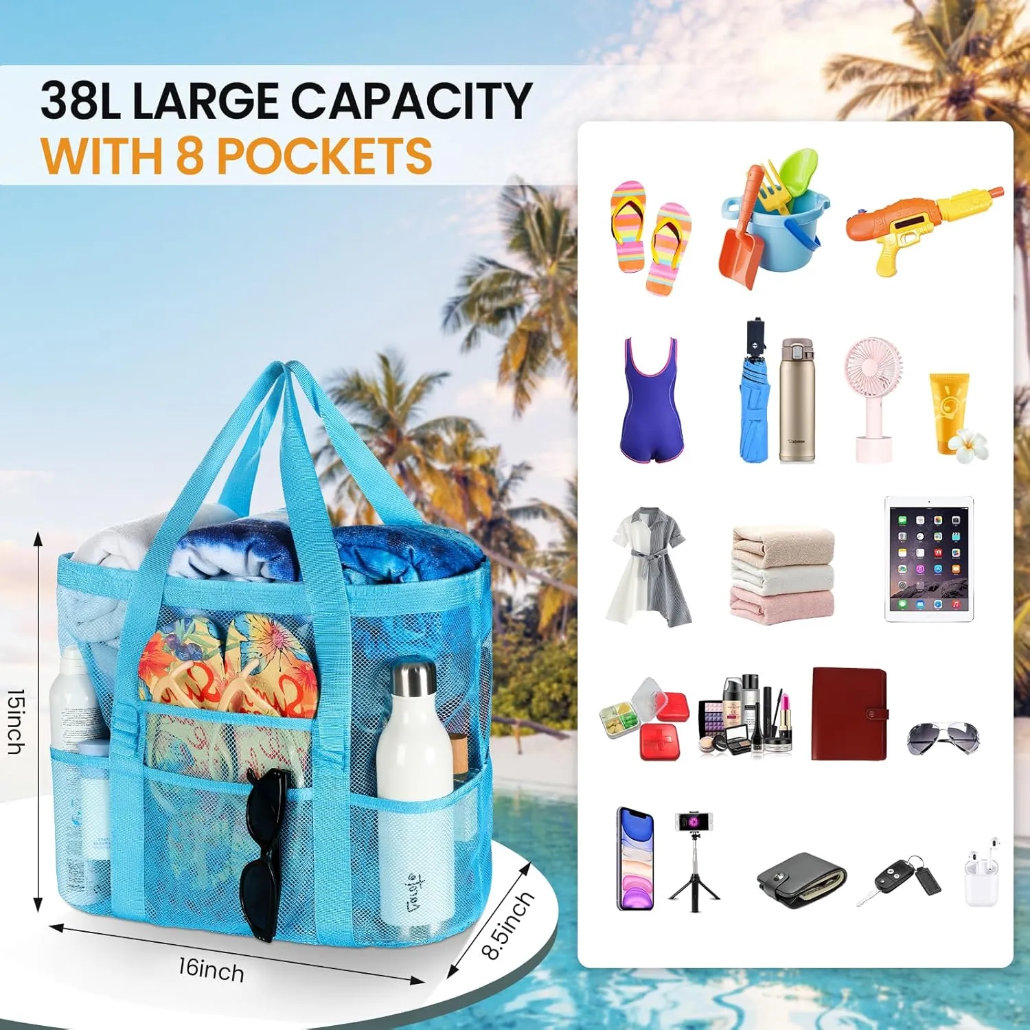 Tavaleu Mesh Beach Bag - Large Beach Tote with Multi Functional Pockets for Family Travel/Vacation