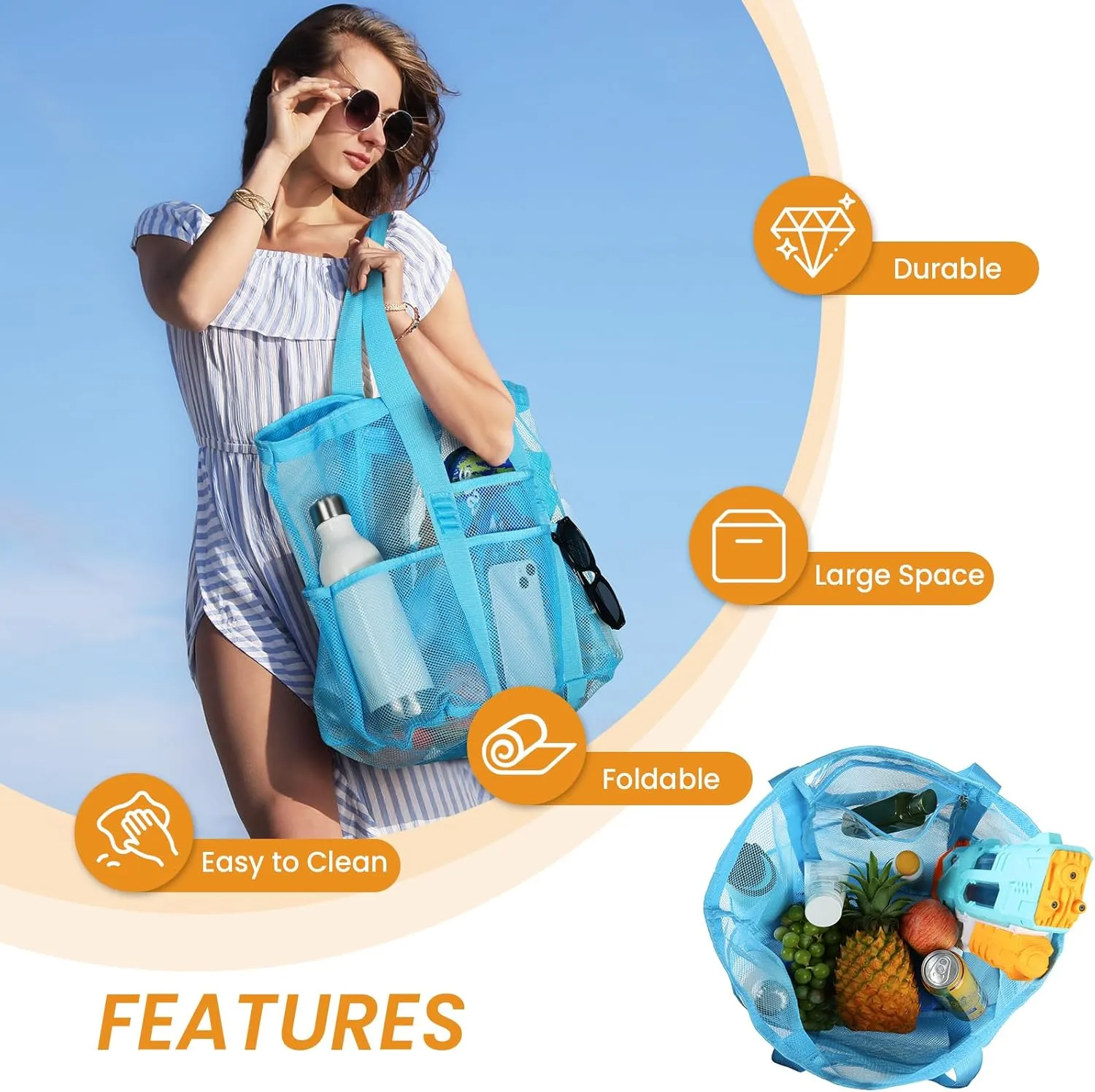 Tavaleu Mesh Beach Bag - Large Beach Tote with Multi Functional Pockets for Family Travel/Vacation