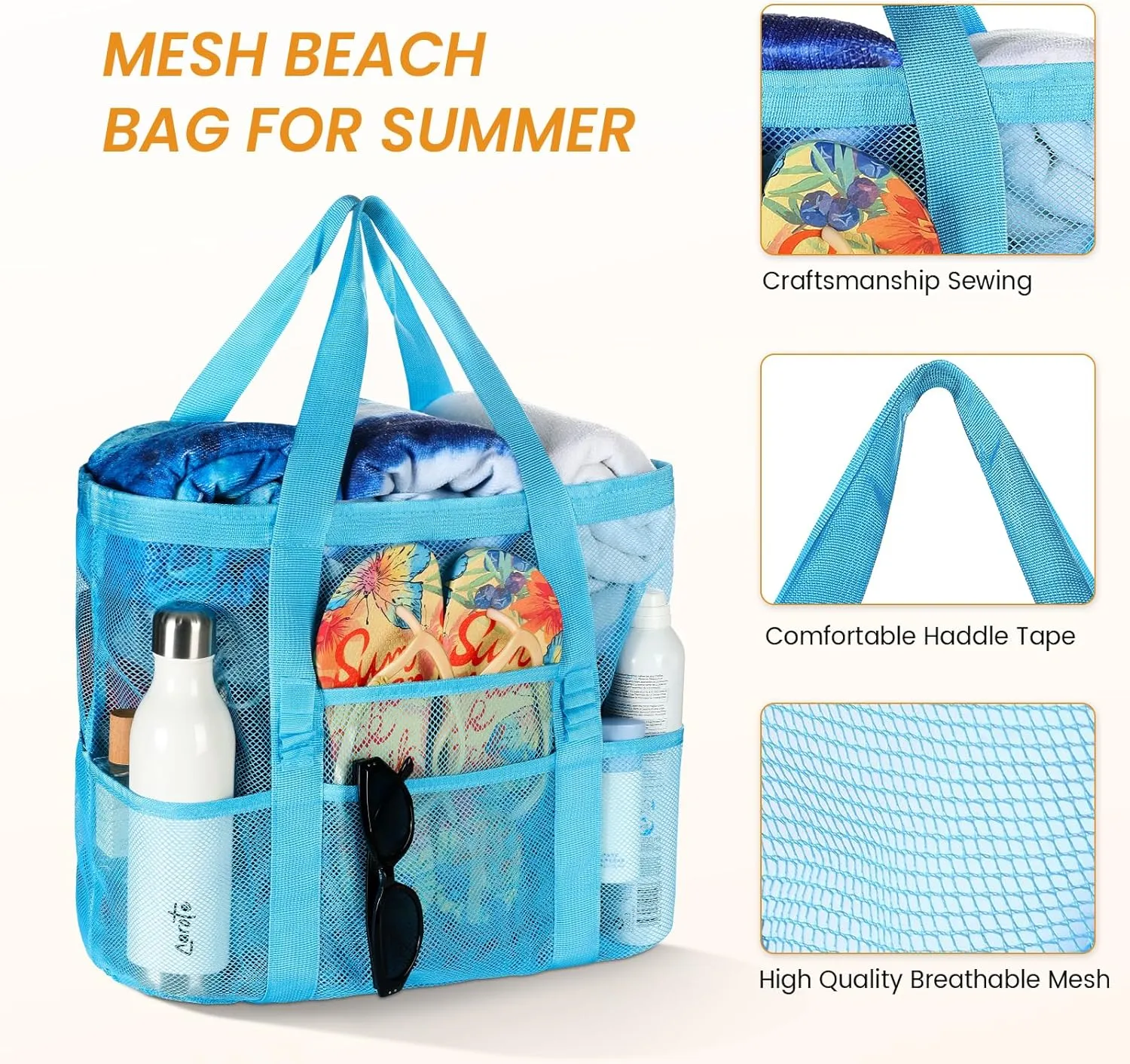 Tavaleu Mesh Beach Bag - Large Beach Tote with Multi Functional Pockets for Family Travel/Vacation